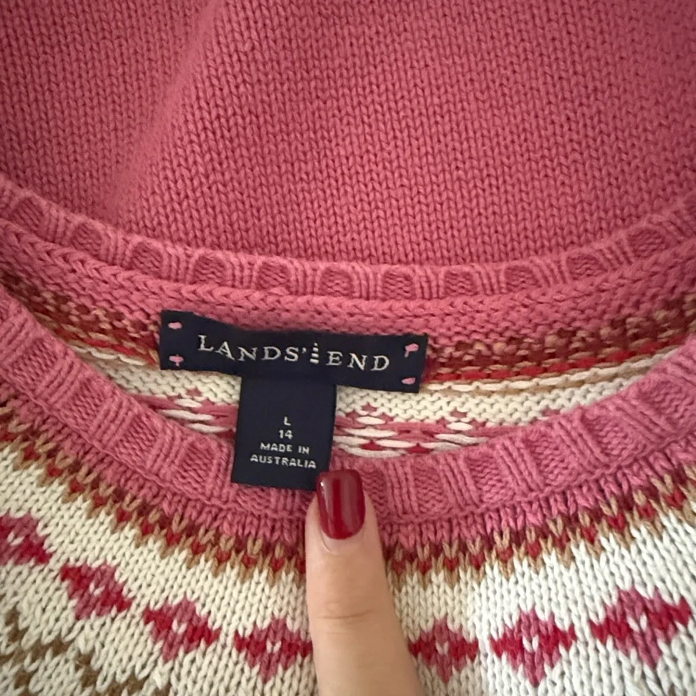 Lands’ End pink knit Nordic pattern sweater girls size 14 preppy holiday winter